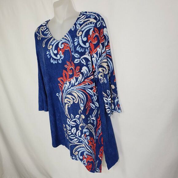 Chico's Womens Top Size 0 Small Tunic Boheme Scrolls Asymmetrical V Neck 3/4 Slv - Picture 5 of 10